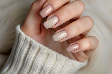 Close-Up of a Hand with Perfectly Manicured Nude-Colored Nails, Showcasing Elegance and Beauty in a Simple, Minimalistic Style