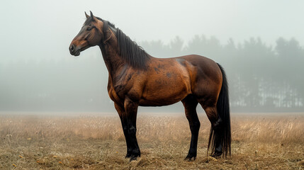 Obraz premium an image of a beautiful wild horse with a beautiful posture, standing in a field, beautiful landscape.
