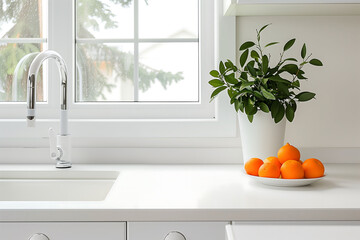 Bright and Clean Kitchen Counter with a Bowl of Fresh Oranges and a Potted Plant, Bathed in Natural Light from a Large Window