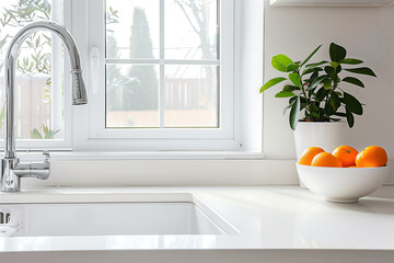 Bright and Clean Kitchen Counter with a Bowl of Fresh Oranges and a Potted Plant, Bathed in Natural Light from a Large Window