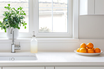 Bright and Clean Kitchen Counter with a Bowl of Fresh Oranges and a Potted Plant, Bathed in Natural Light from a Large Window