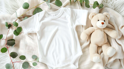 Cozy White Baby Onesie with a Plush Teddy Bear and Greenery, Arranged on a Soft Blanket for a Heartwarming and Adorable Display