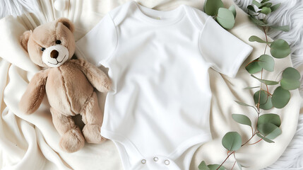 Cozy White Baby Onesie with a Plush Teddy Bear and Greenery, Arranged on a Soft Blanket for a Heartwarming and Adorable Display