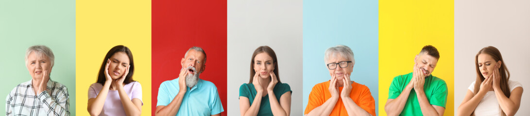 Set of people feeling tooth ache on color background
