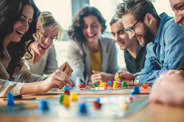 Companions gathered around a tabletop game, strategizing and joking as they engage in friendly competition. Concept of amusement and togetherness. Generative Ai.