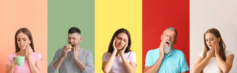 Set of people feeling tooth ache on color background