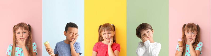 Set of little children feeling tooth ache on color background