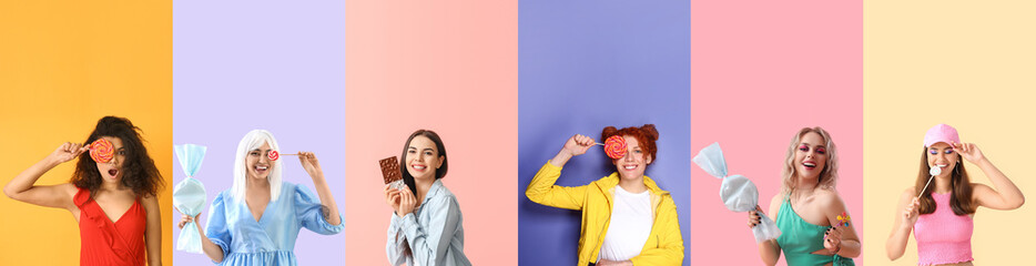 Collage of many beautiful women with sweets on color background