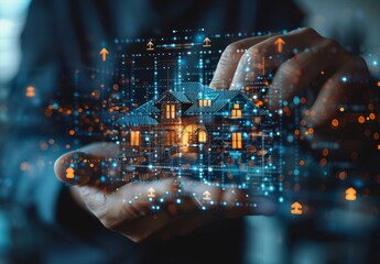 Businessman accessing futuristic virtual reality real estate interface