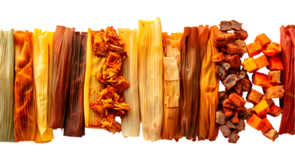  A vibrant assortment of pork, chicken, and veggie tamales neatly arranged in a colorful pattern on a, transparent background