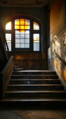 A staircase in an old building with windows.