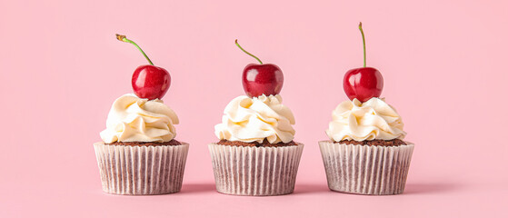 Tasty cherry cupcakes on pink background