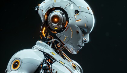 Fototapeta premium Humanoid robot fixing a complex engine, its diagnostic sensors identifying needed repairs.