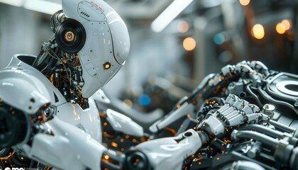 Fototapeta premium Humanoid robot fixing a complex engine, its diagnostic sensors identifying needed repairs.