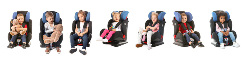 Set of little children in car seats on white background