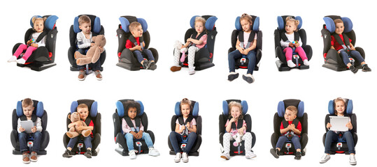 Set of many little children in car seats on white background