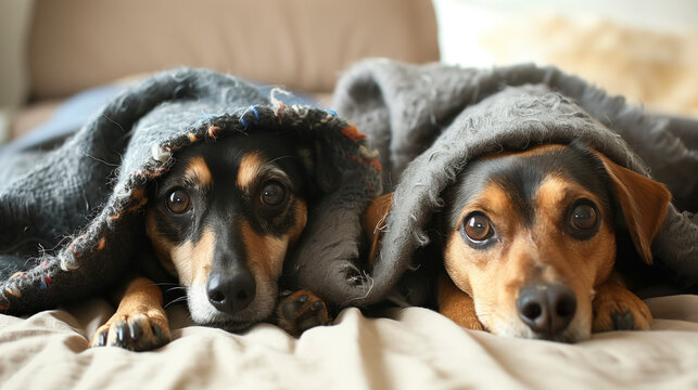Two Dogs Laying Under a Blanket on a Bed