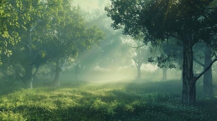 Wisps of morning fog enveloping a tranquil forest glade, a serene haven untouched by time.