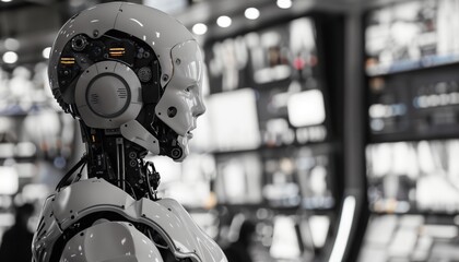 Fototapeta premium Humanoid robot reporting the news on live television with a comforting, synthetic voice.