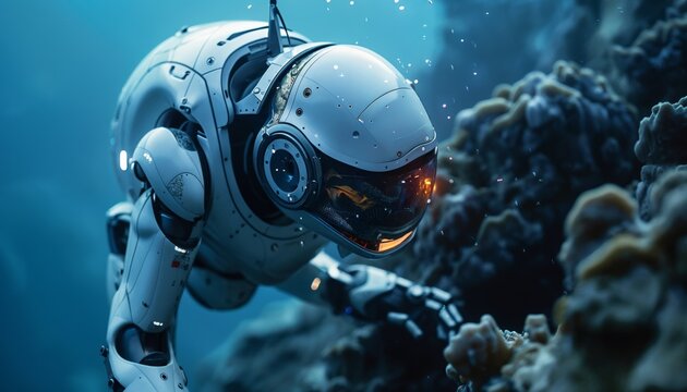 Humanoid robot exploring the deep ocean floor, its cameras recording new marine species.