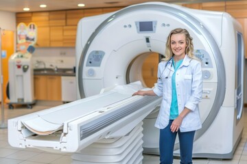 Woman receiving magnetic resonance imaging scan in advanced medical clinic setting