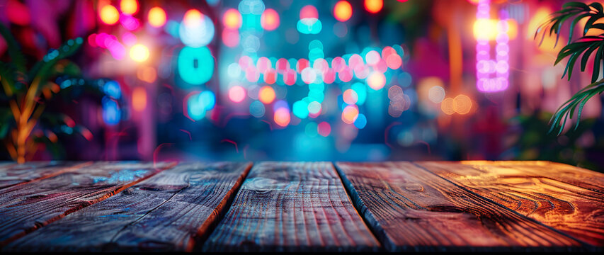 Empty wooden table to place product or advertising, city lights in background, nightlife - Powered by Adobe