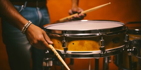 Man playing the snare drum on a beautiful colored background
