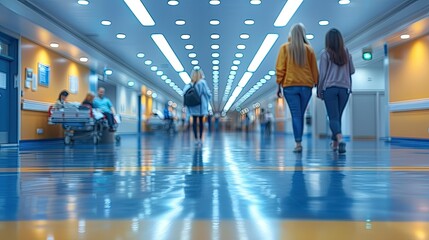Obraz premium abstract blurred image of doctor and patient people in hospital interior or clinic corridor for background