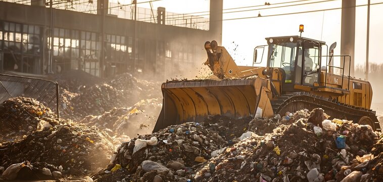 A bulldozer moving mountains of garbage in the waste management facility - Powered by Adobe