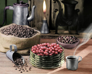 Breakfast in a humble rustic house in the Brazilian hinterland. This photo also shows Brazilian coffee in three stages of its processing. It is picked ripe and red, then dried as shown left.