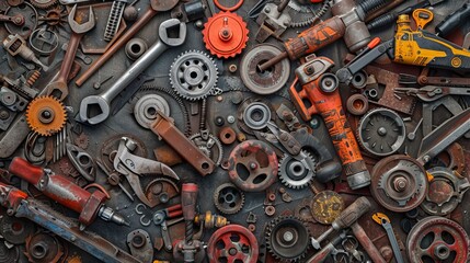 densely packed collage of tools, machinery, gears, hammers, circular saws