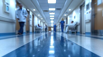 abstract blurred image of doctor and patient people in hospital interior or clinic corridor for background