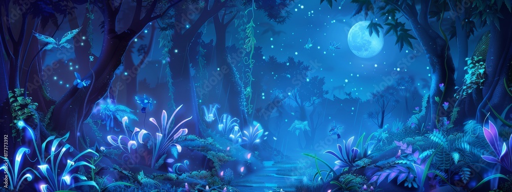 Wall mural a mystical, moonlit forest background with glowing plants and magical creatures