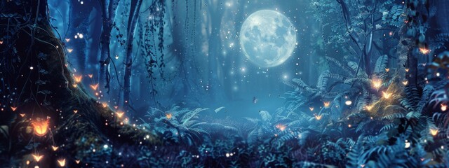 A mystical, moonlit forest background with glowing plants and magical creatures.