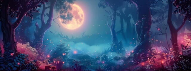 A mystical, moonlit forest background with glowing plants and magical creatures.
