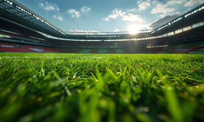 perspective on the grass, view of a soccer stadium, big stadium in the background, space for text, football game