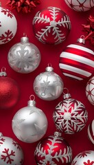 Christmas ornaments and space on red background, festive decor for holiday season