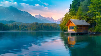 Fototapeta premium A small cabin sits on the shore of a lake.