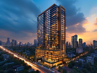 Fototapeta premium A rendering of a tall building in the city.