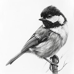 Great Tit Bird Pencil Sketch Hand Drawn Black and White Depiction of Parus Major on a Blank White Background