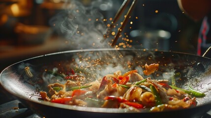food commercial still, chinese dish in wok, appetizing close-up