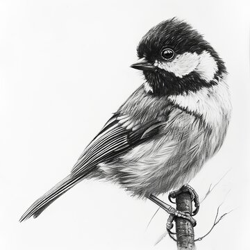 Great Tit Bird Pencil Sketch Hand Drawn Black and White Depiction of Parus Major on a Blank White Background
