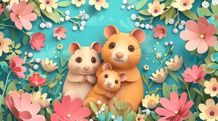Paper cut style illustration of an adorable hamster family surrounded by blooming flowers.Family...