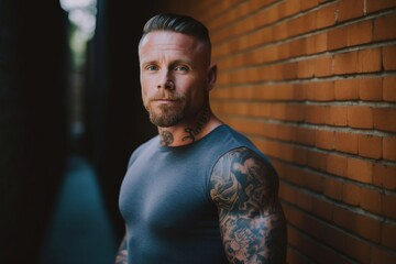 mid adult tattooed man looking at camera standing against brick wall