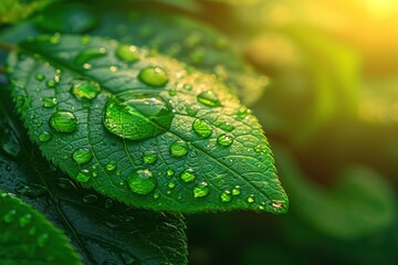 of water on a green leaf macro with sun glare. Beautiful artistic image of environment nature in spring or summerhigh