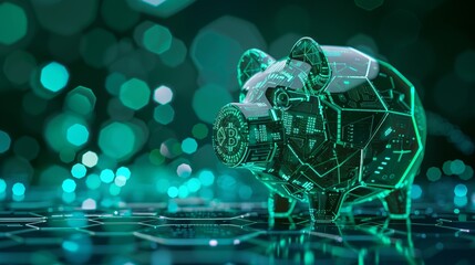 hexagonal bitcoins being saved in a piggy bank with hexagonal patterns in its structure, green and light blue colors, dark background