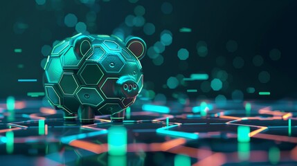 hexagonal bitcoins being saved in a piggy bank with hexagonal patterns in its structure, green and light blue colors, dark background