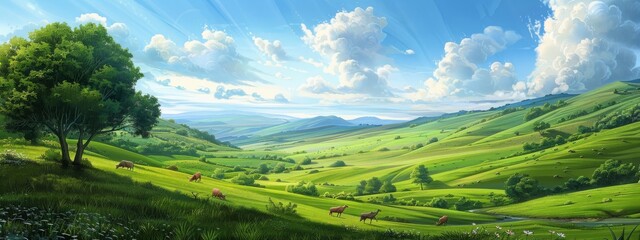 A peaceful, rolling countryside hills background with lush meadows and grazing animals.