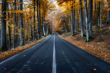 Obraz premium A scenic road winding through a forest of long autumn trees on the side of the road, offering a peaceful and tranquil atmosphere. Suitable for travel and nature-related content.