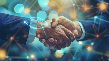 Business handshake with digital interface overlay